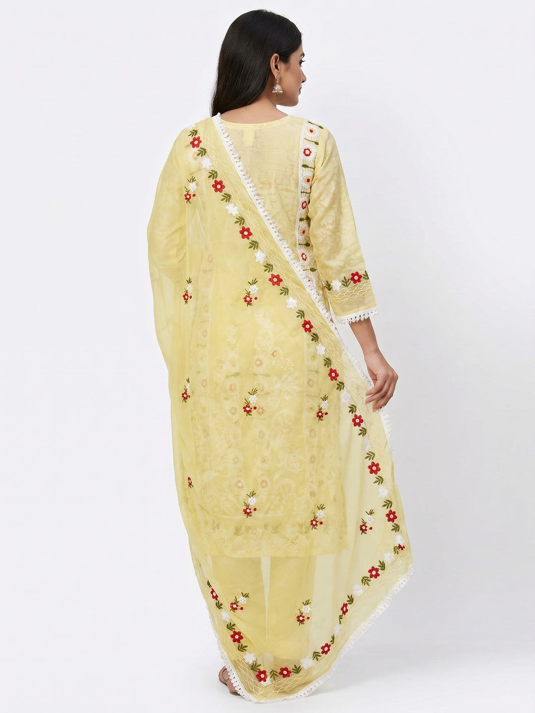 Yellow Floral Embroidered Chanderi Dress Material - Image 2