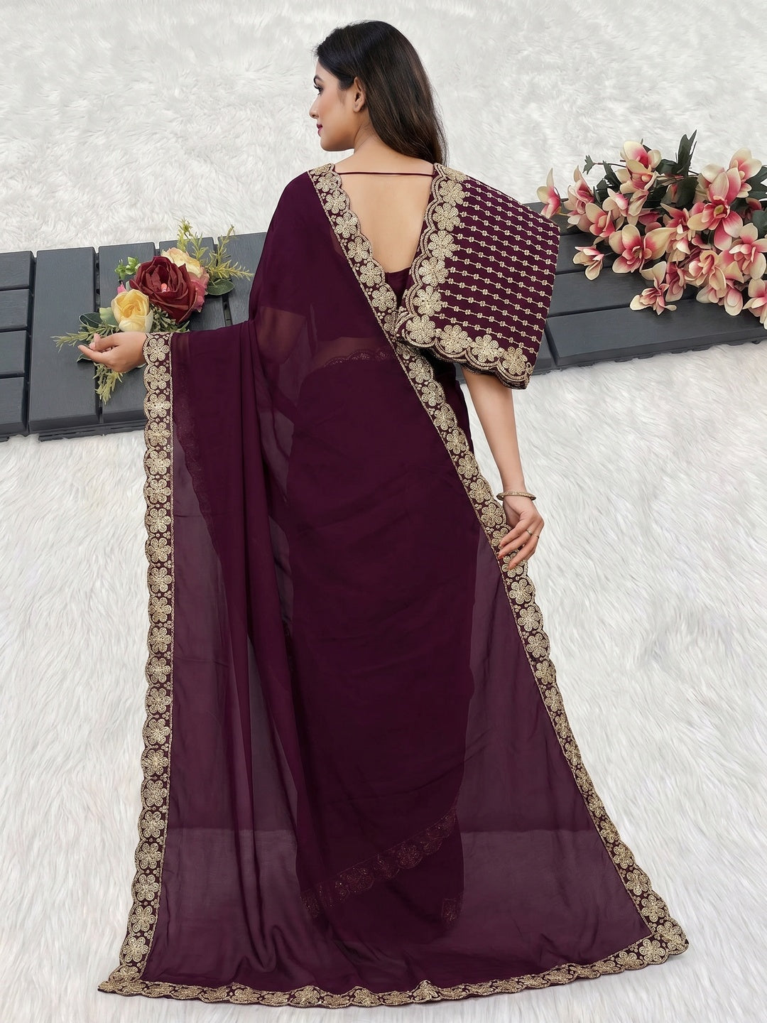 Wine Solid Rangoli Art Silk Saree With Sequins Embroidered Border - Image 3