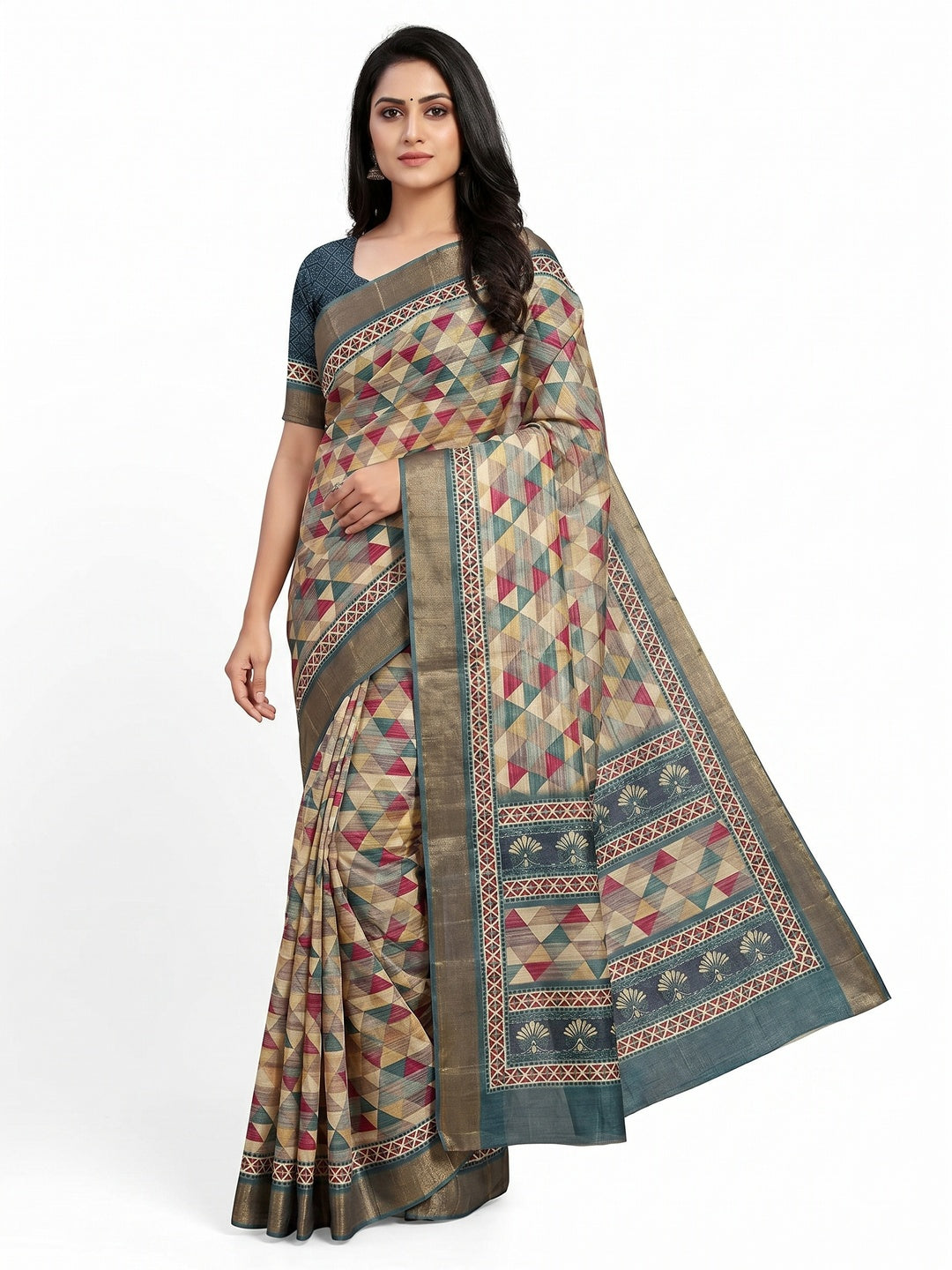 Multicolor Geometric Digital Printed Tussar Silk Saree - Image 1