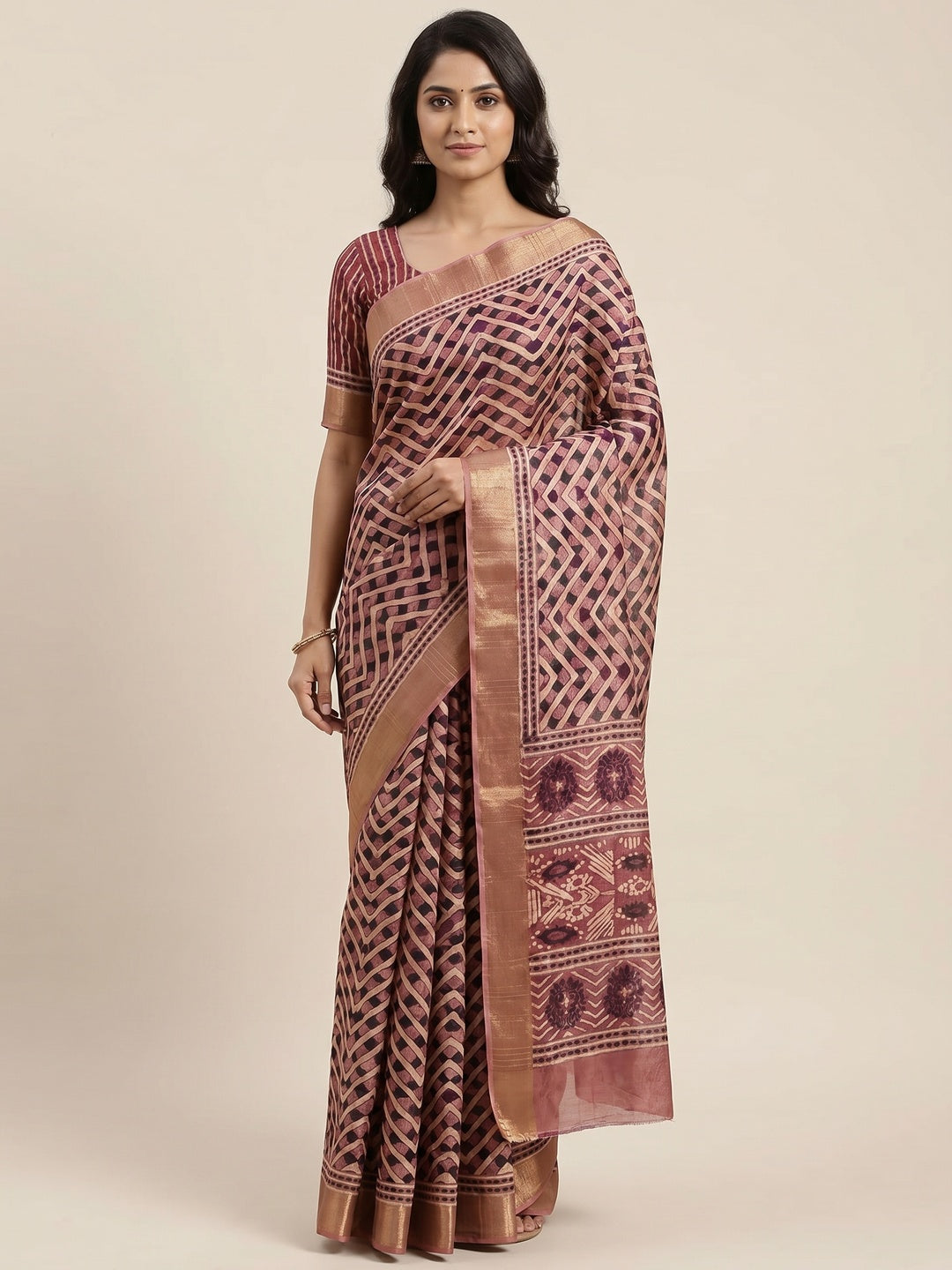 Dark Peach Digital Printed Tussar Silk Saree - Image 1