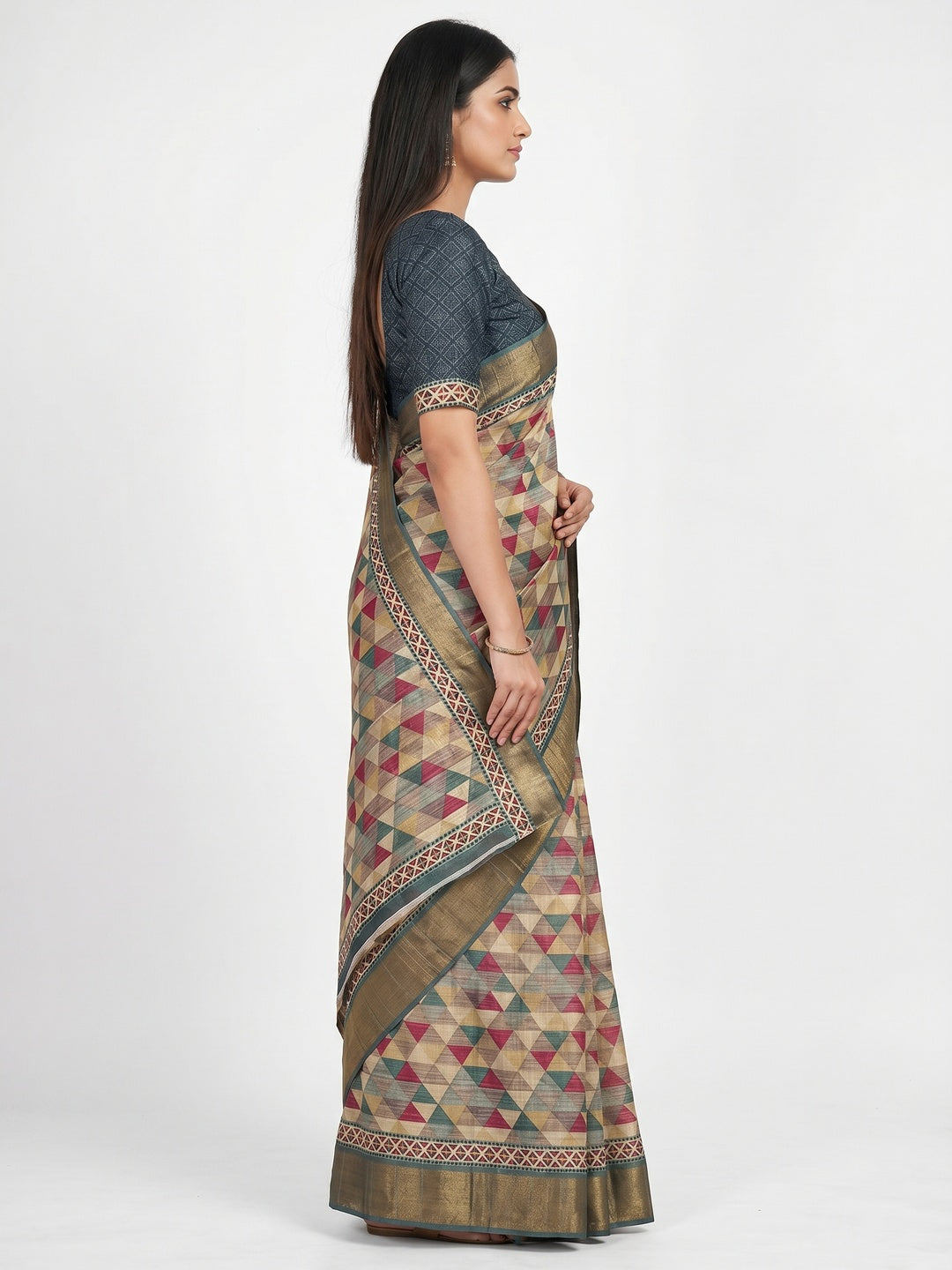 Multicolor Geometric Digital Printed Tussar Silk Saree - Image 2