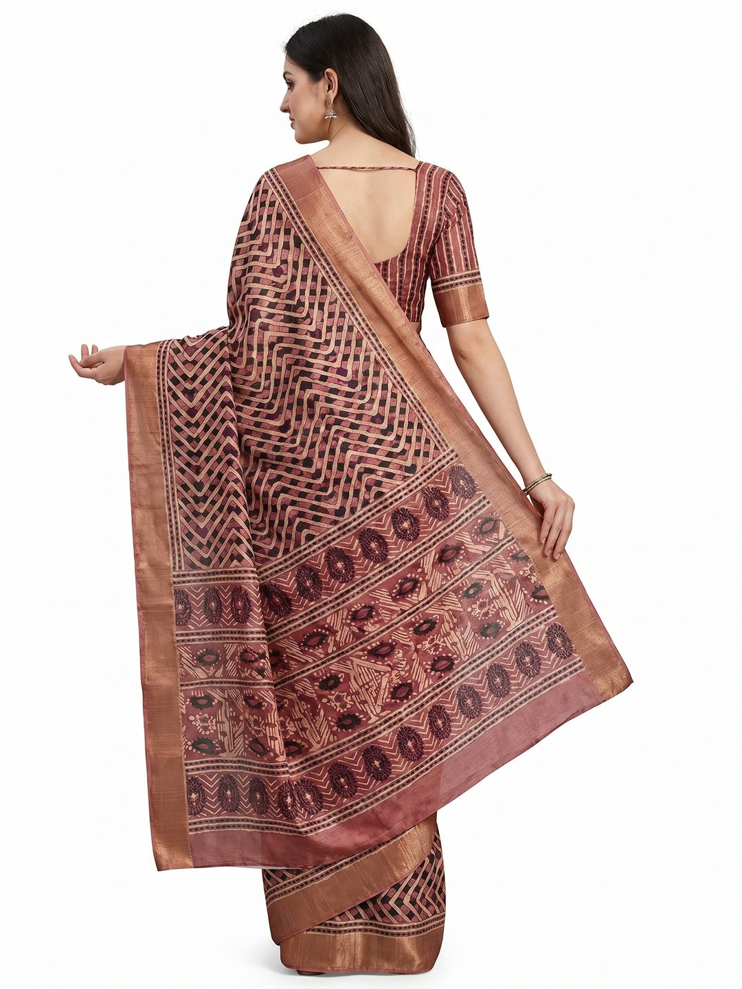 Dark Peach Digital Printed Tussar Silk Saree - Image 3