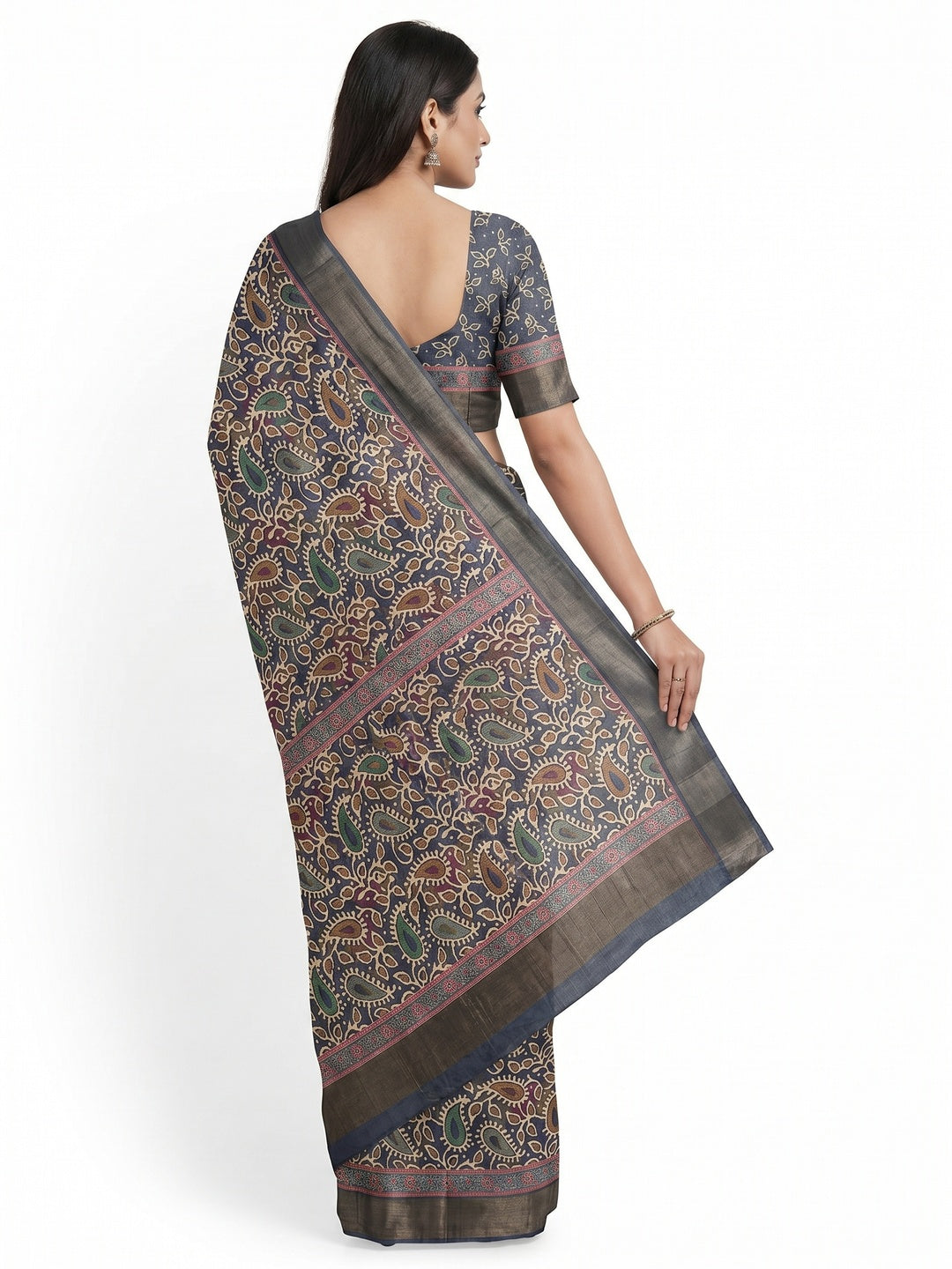 Dark Grey Digital Printed Tussar Silk Saree - Image 3