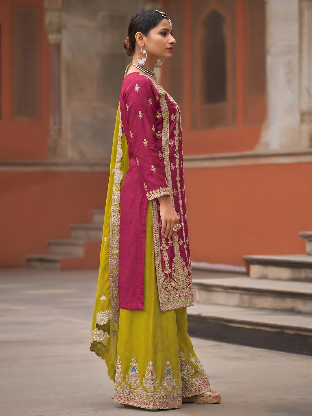 Pink Floral Sequins Embroidered Chinon Silk Palazzo Suit - Image 1