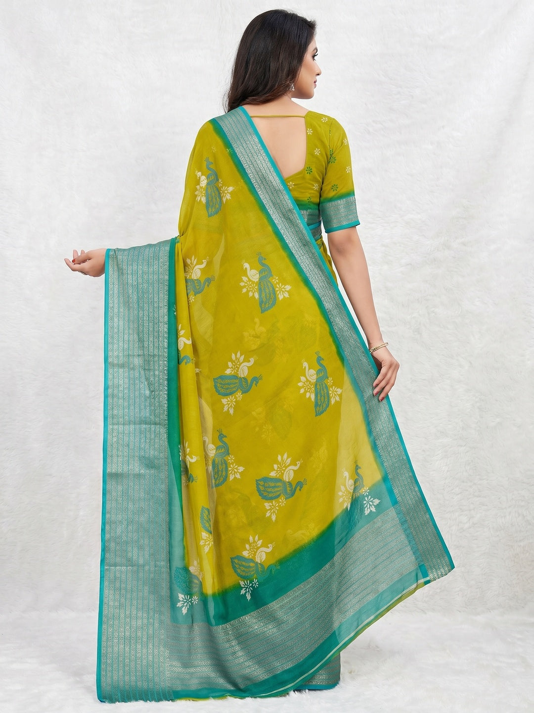 Olive Floral Printed Chiffon Saree - Image 2
