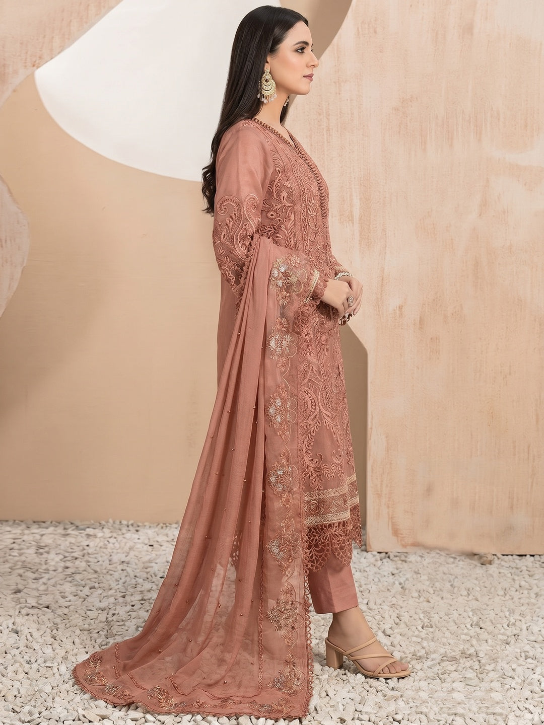 Peach Floral Sequins Embroidery With Motiwork Organza Semi Stitched Pakistani Suit - Image 1
