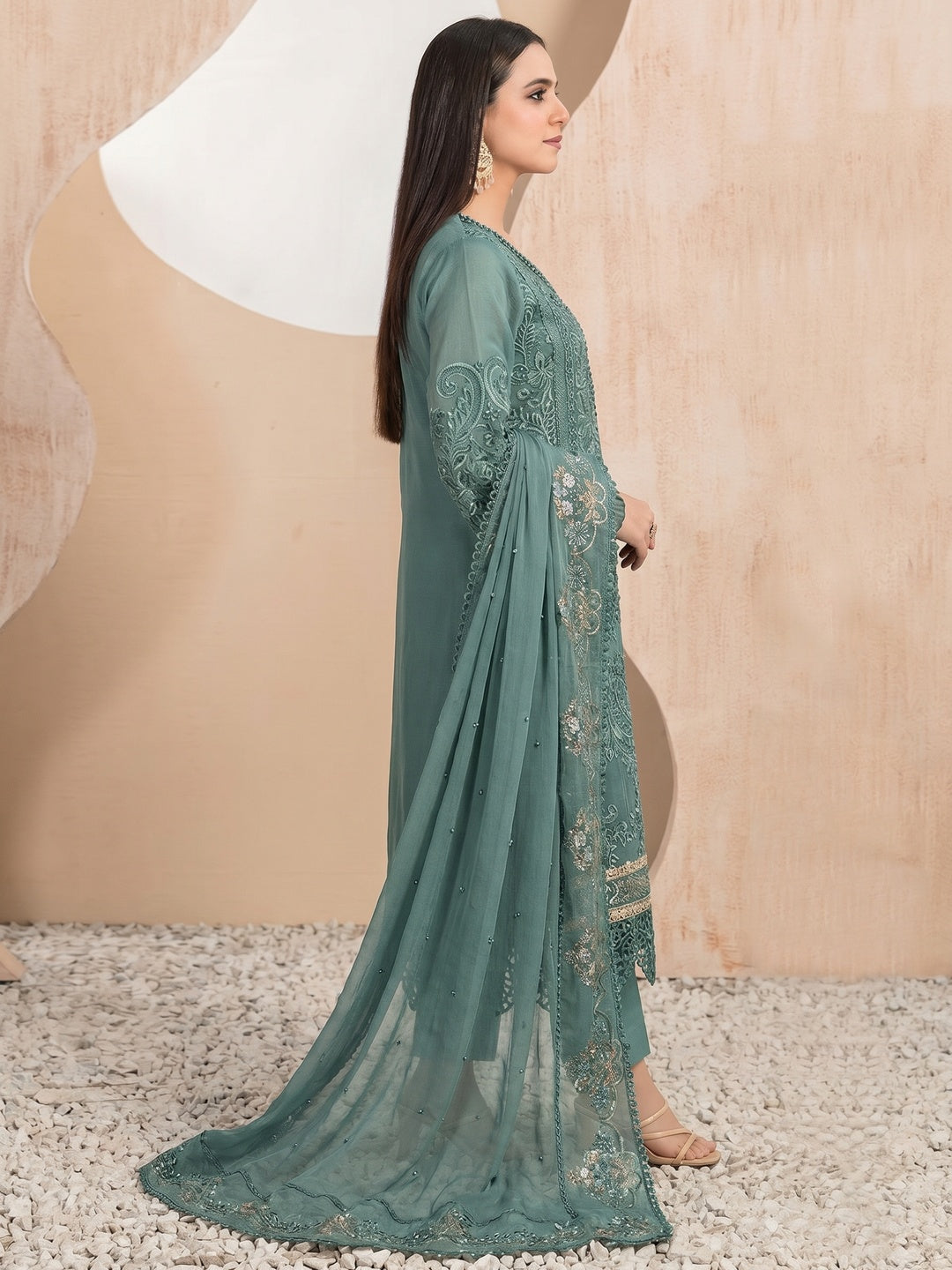 Green Floral Sequins Embroidery With Motiwork Organza Semi Stitched Pakistani Suit - Image 1