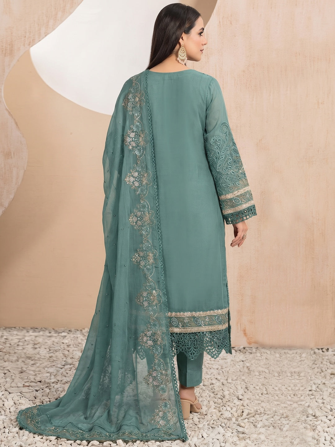 Green Floral Sequins Embroidery With Motiwork Organza Semi Stitched Pakistani Suit - Image 2