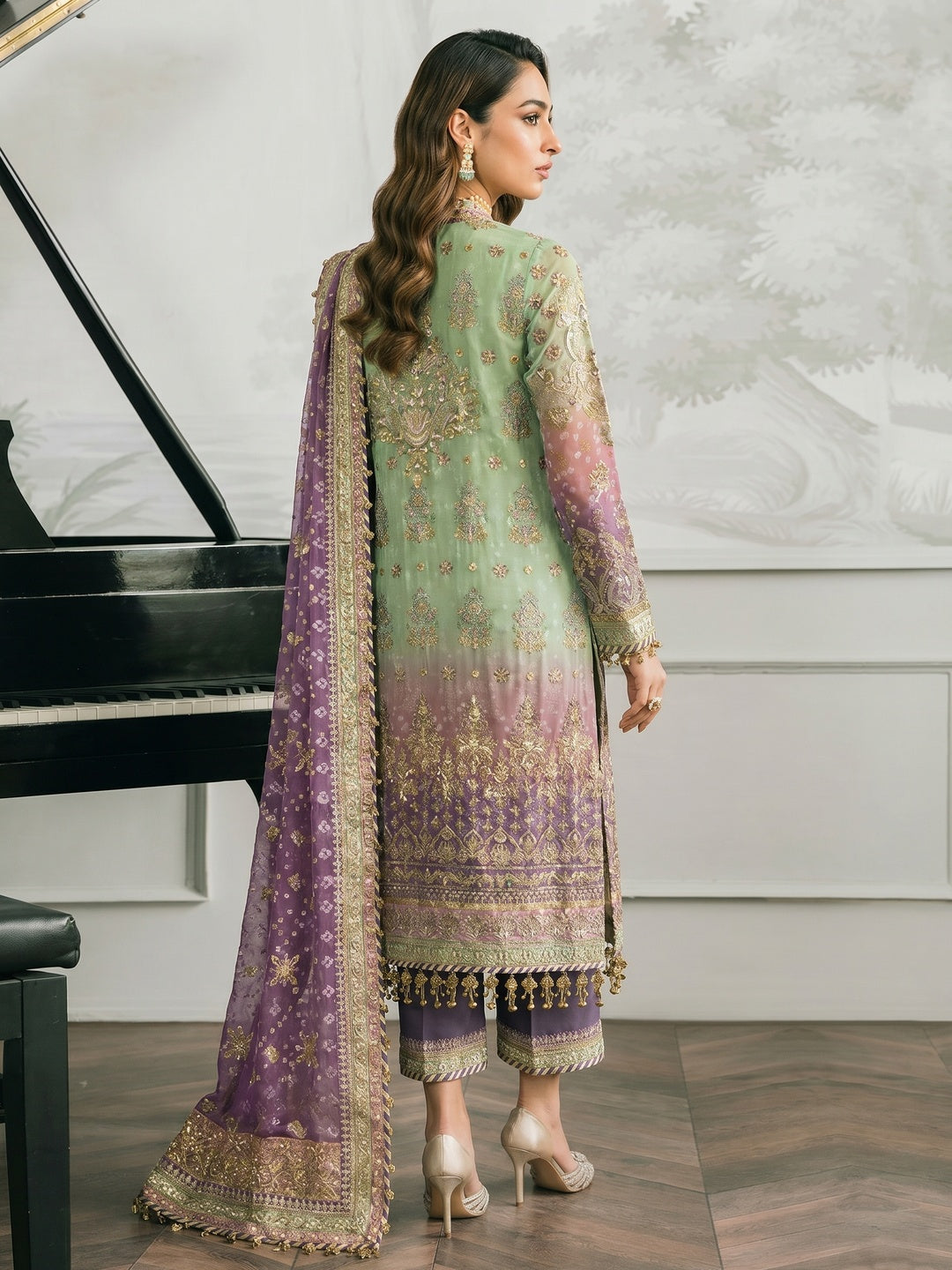 Green Digital Print With Sequins Embroidery Georgette Semi Stitched Pakistani Suit - Image 1