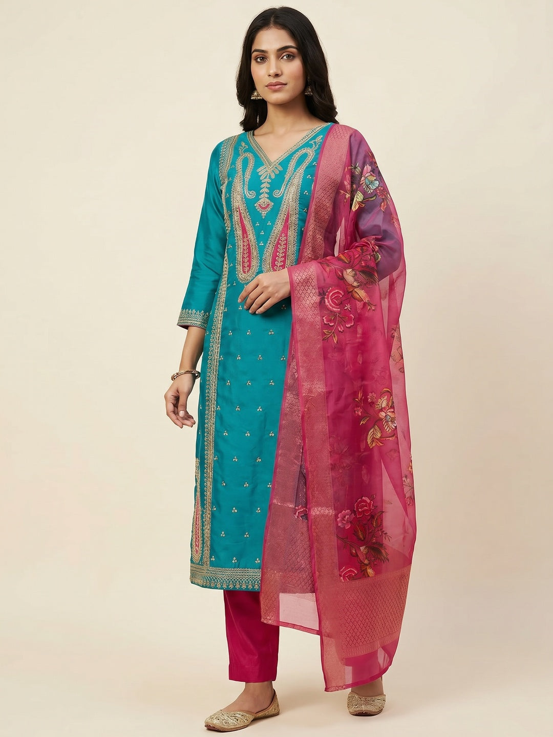 Rama Blue Floral Sequins Embroidered Roman Cotton Silk Dress Material - Image 1
