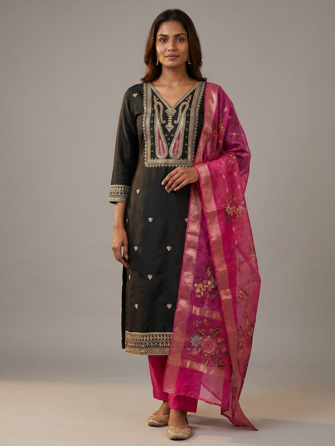 Black Floral Sequins Embroidered Roman Cotton Silk Dress Material - Image 1