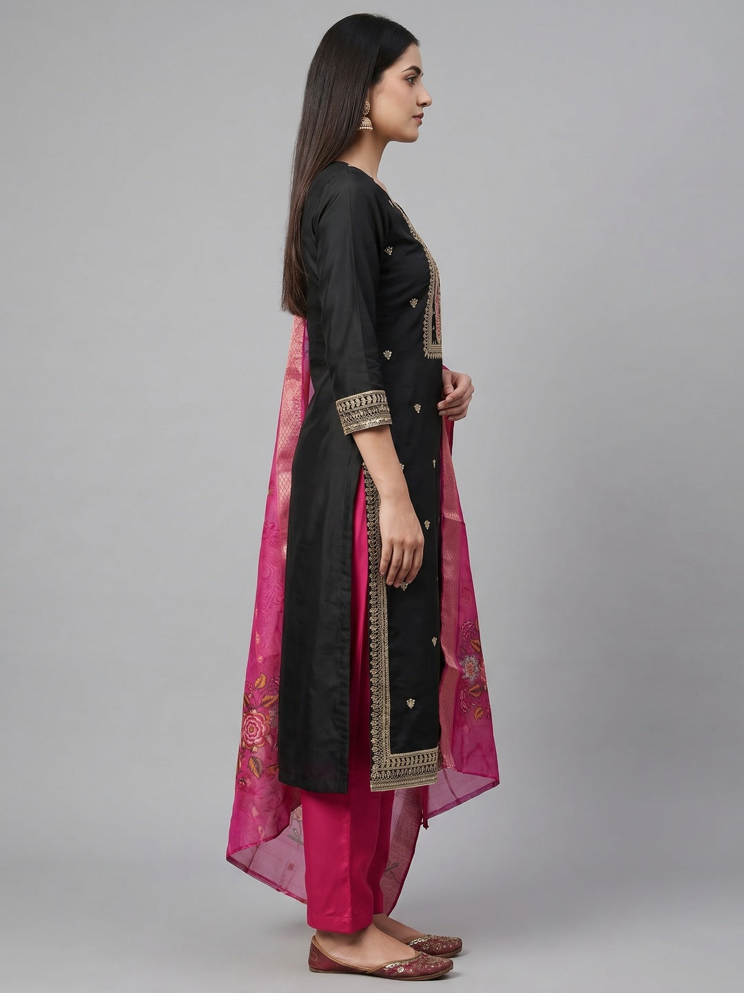 Black Floral Sequins Embroidered Roman Cotton Silk Dress Material - Image 2