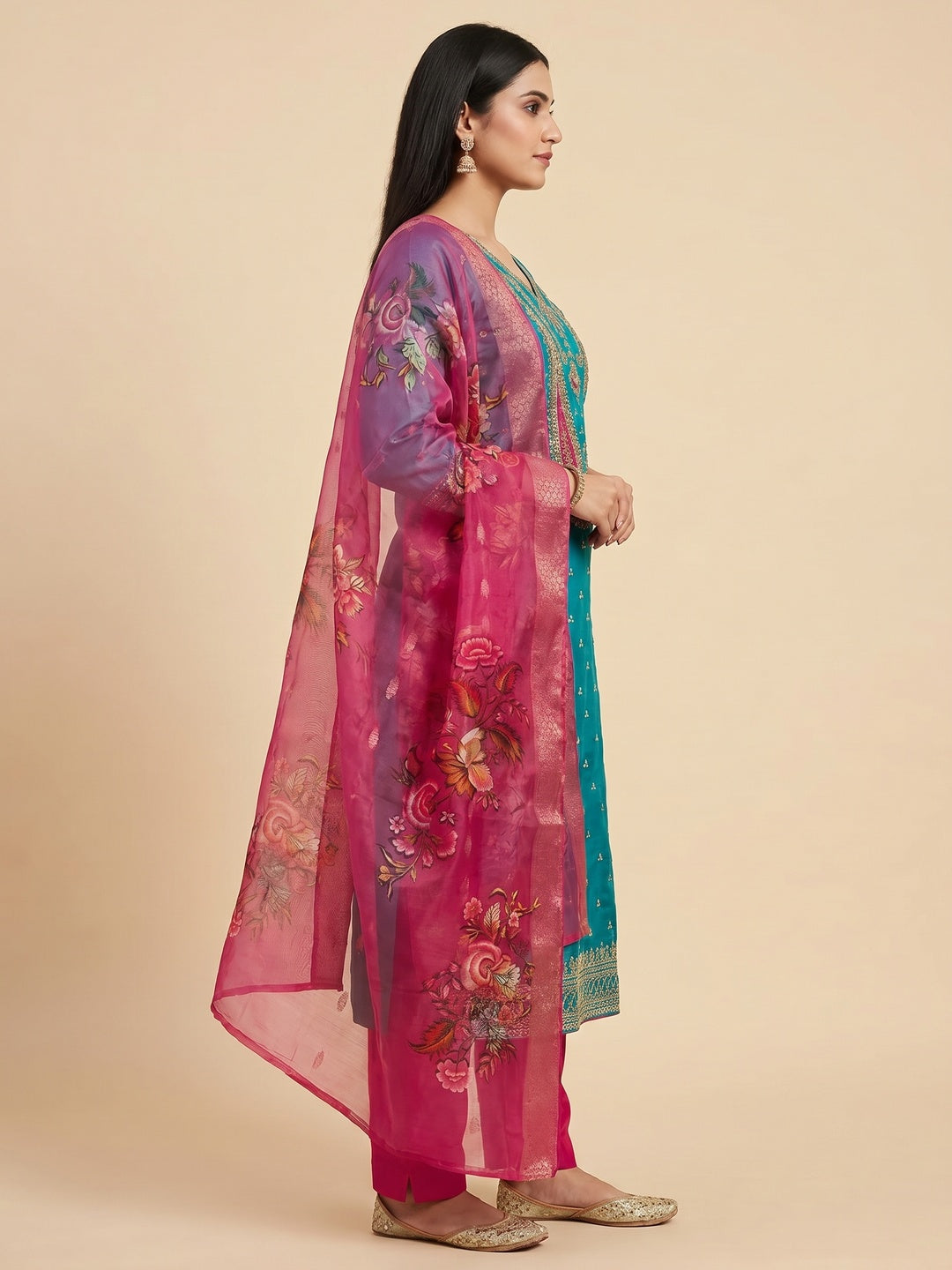 Rama Blue Floral Sequins Embroidered Roman Cotton Silk Dress Material - Image 2