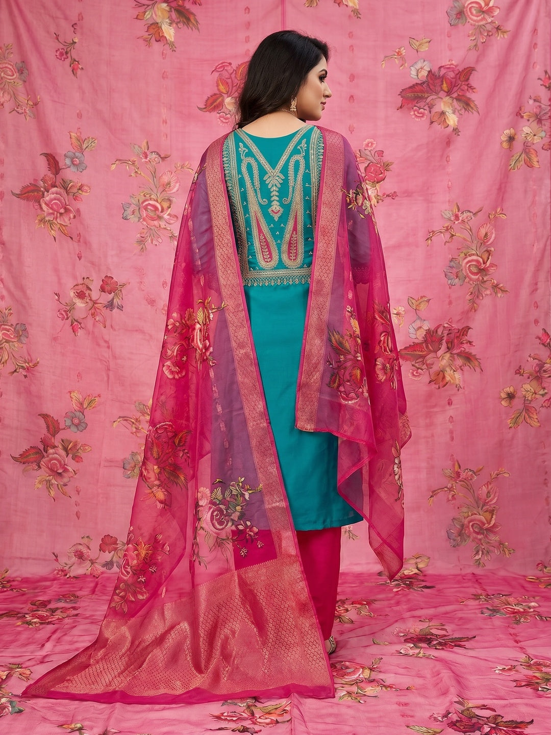 Rama Blue Floral Sequins Embroidered Roman Cotton Silk Dress Material - Image 3