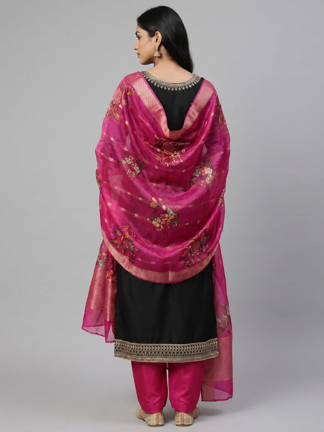 Black Floral Sequins Embroidered Roman Cotton Silk Dress Material - Image 3