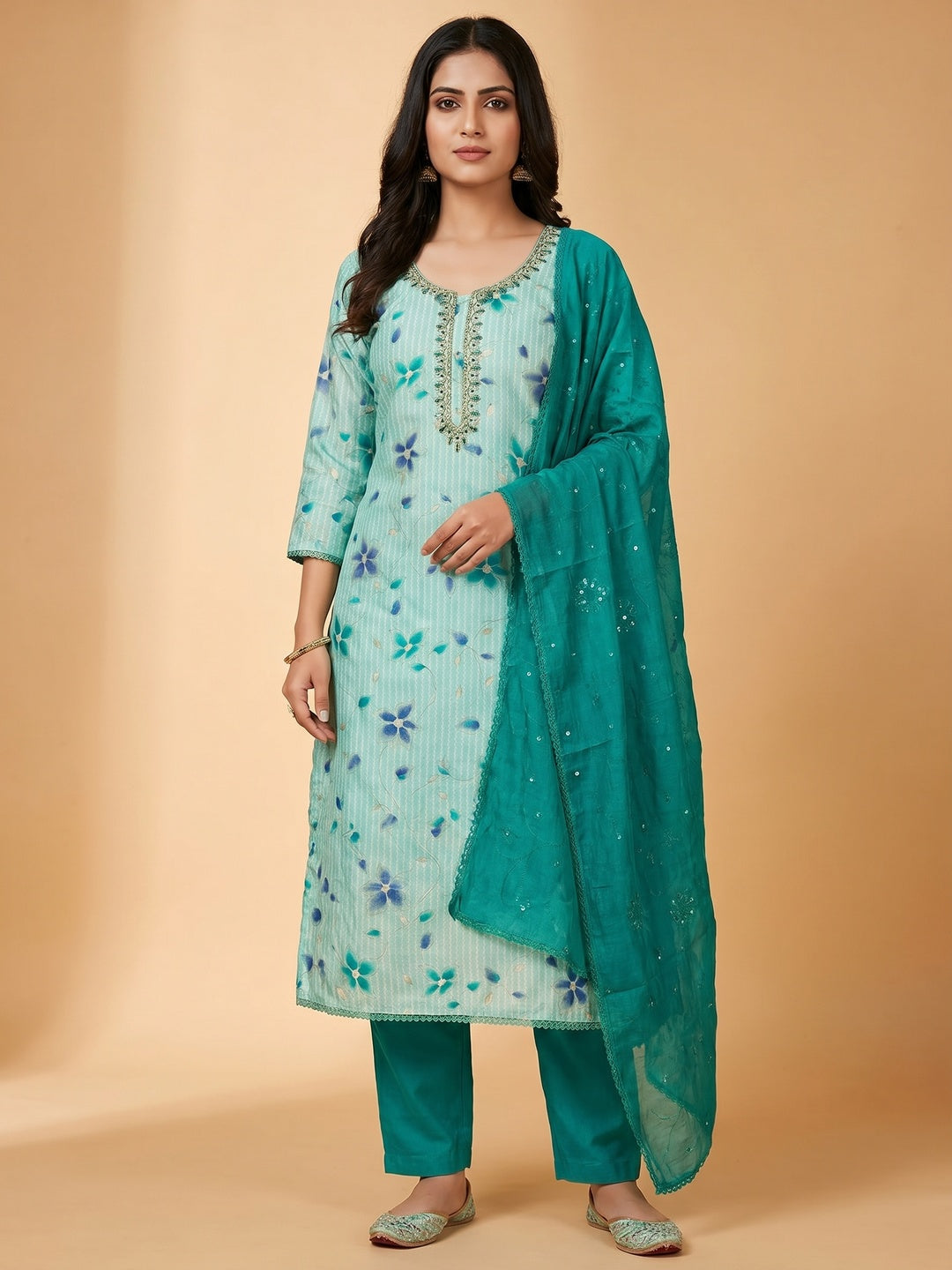 Turquoise Floral Printed Cotton Silk Dress Material - Image 1