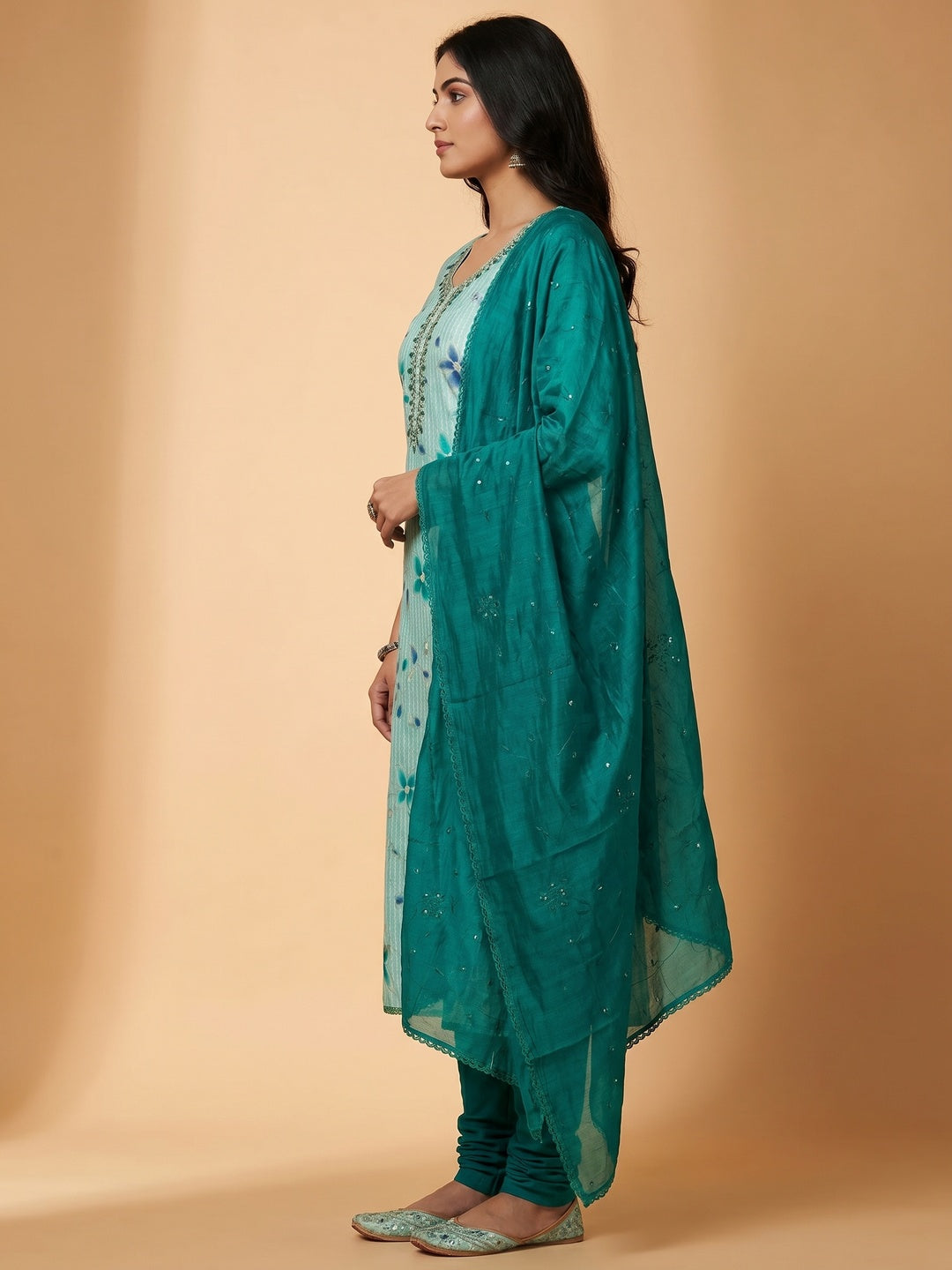 Turquoise Floral Printed Cotton Silk Dress Material - Image 2