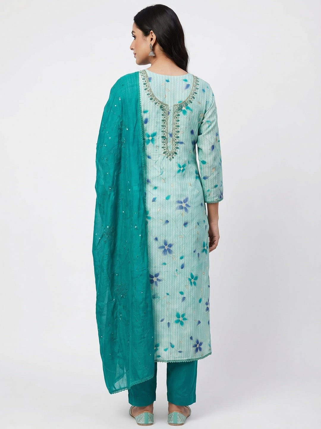 Turquoise Floral Printed Cotton Silk Dress Material - Image 3