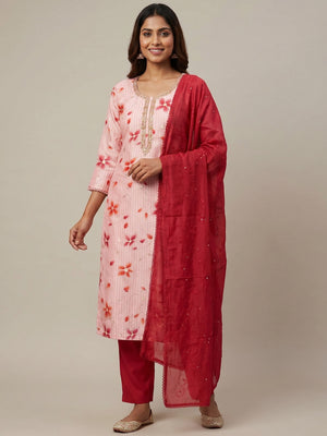 Pink Floral Printed Cotton Silk Dress Material - Image 1