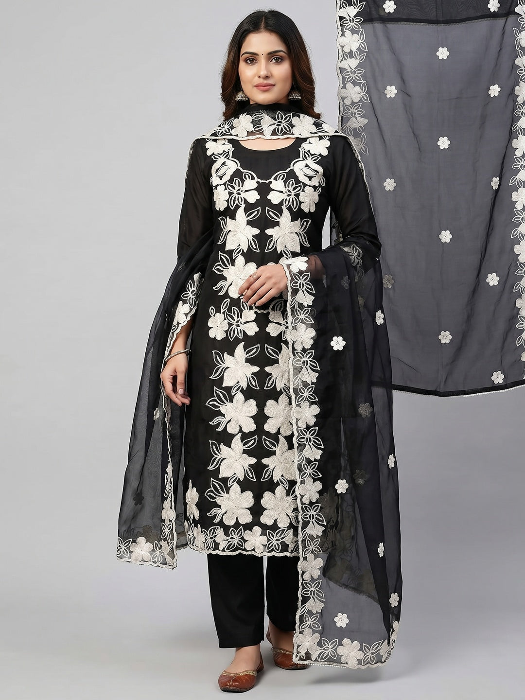 Black Floral Embroidered Roman Cotton Silk Dress Material - Image 1