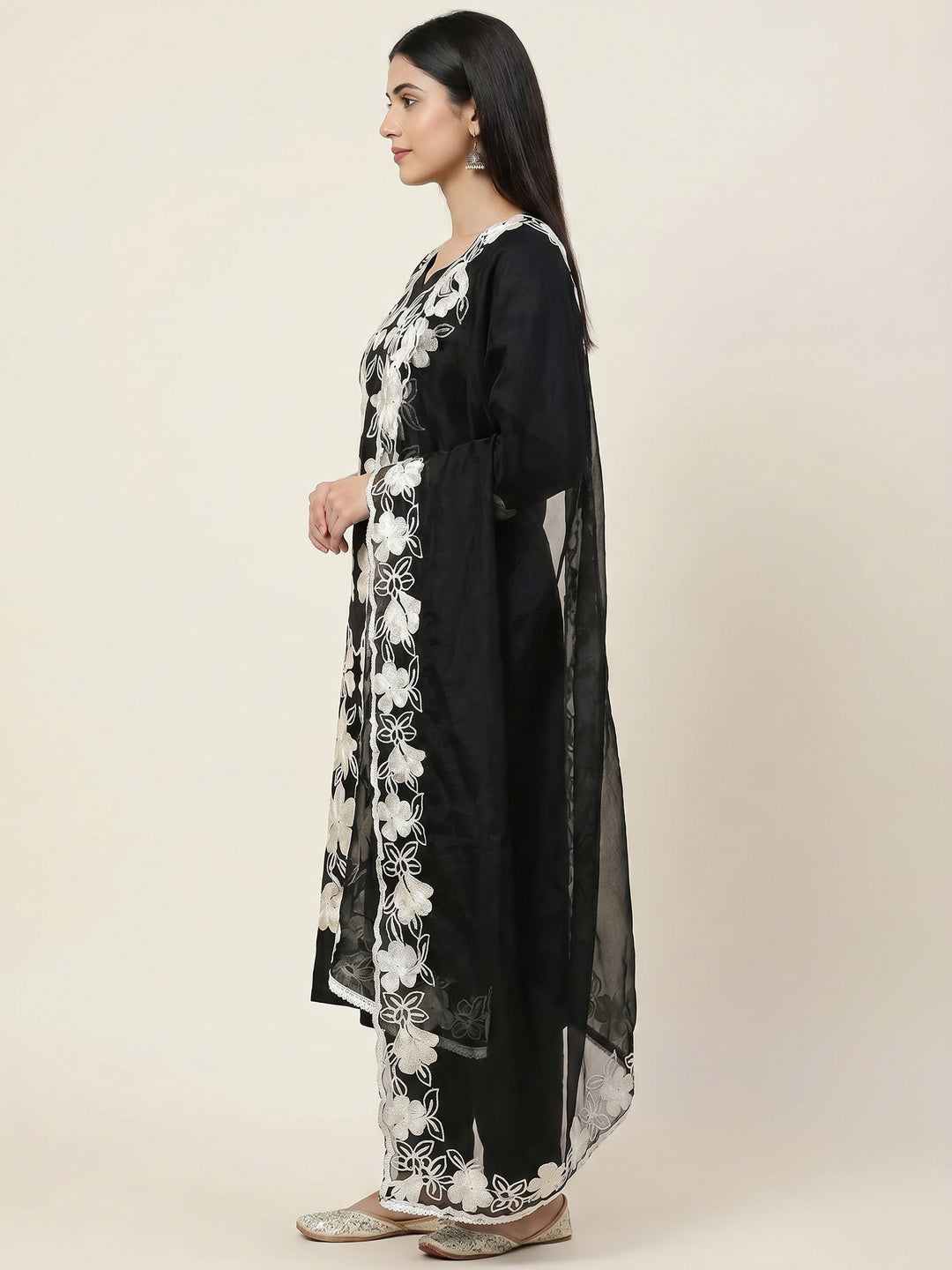 Black Floral Embroidered Roman Cotton Silk Dress Material - Image 2
