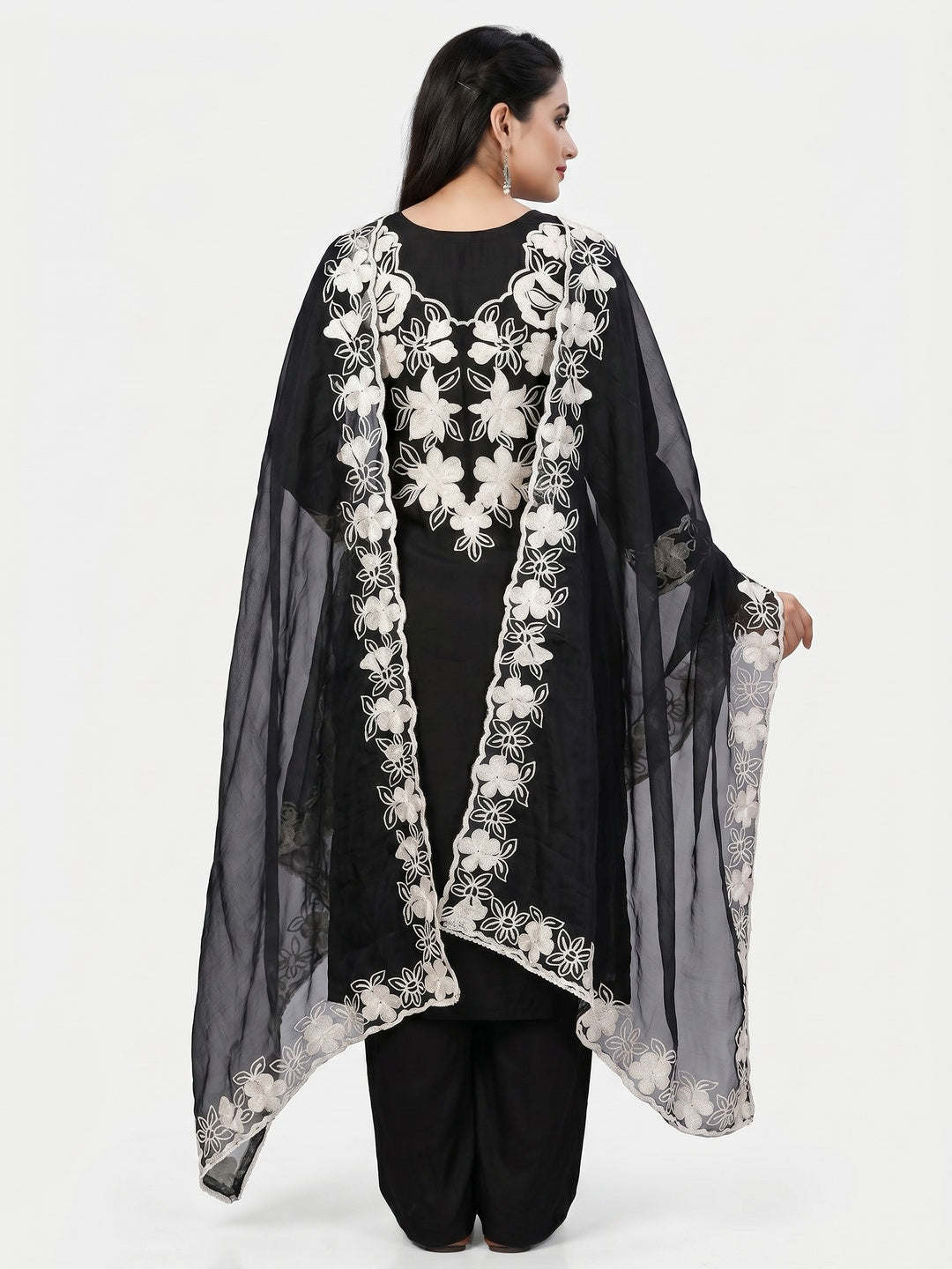 Black Floral Embroidered Roman Cotton Silk Dress Material - Image 3