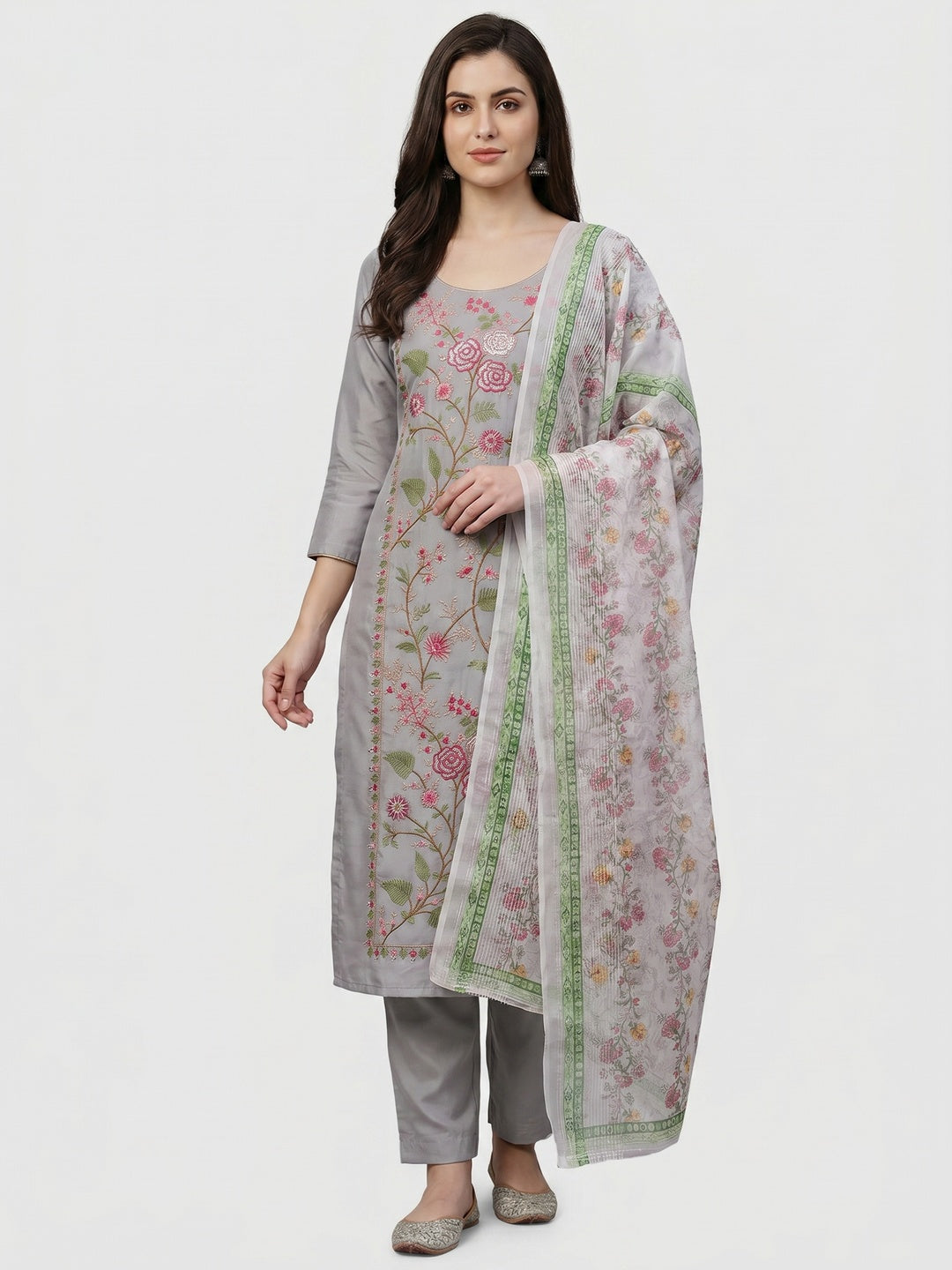Grey Floral Sequins Embroidered Roman Cotton Silk Dress Material - Image 1