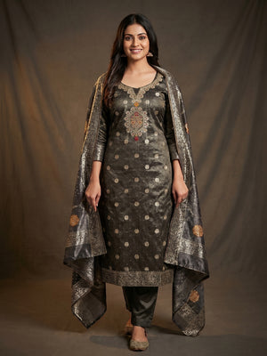 Dark Grey Woven With Stonework Shimmer Jacquard Dress Material - Image 1