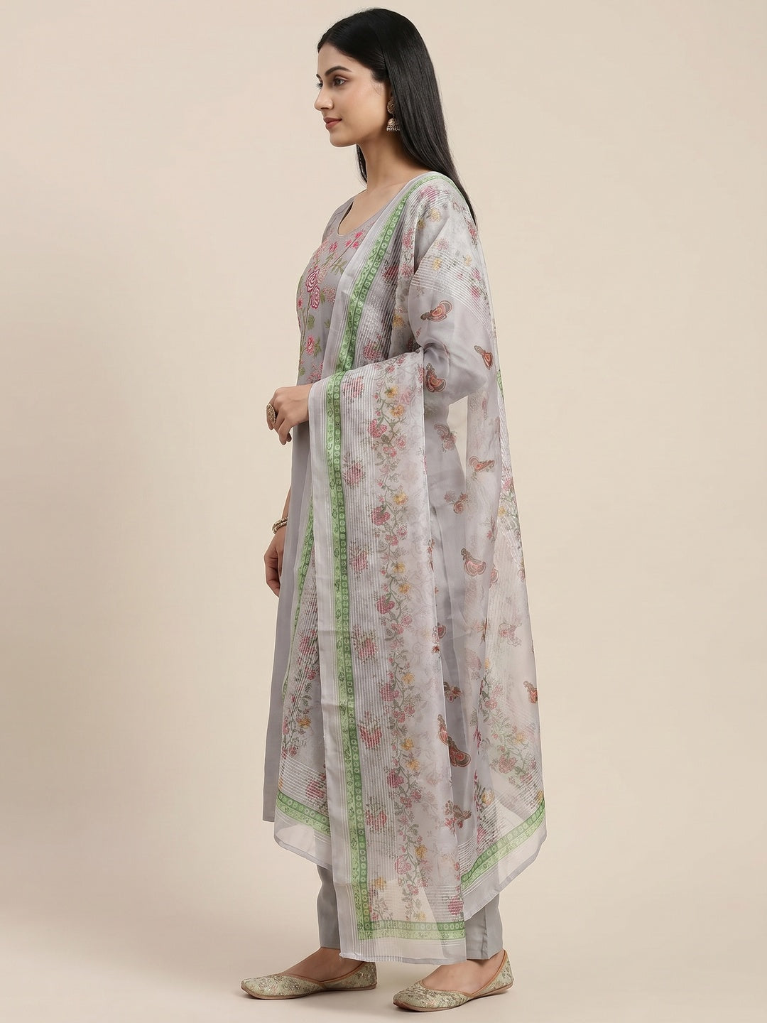 Grey Floral Sequins Embroidered Roman Cotton Silk Dress Material - Image 2