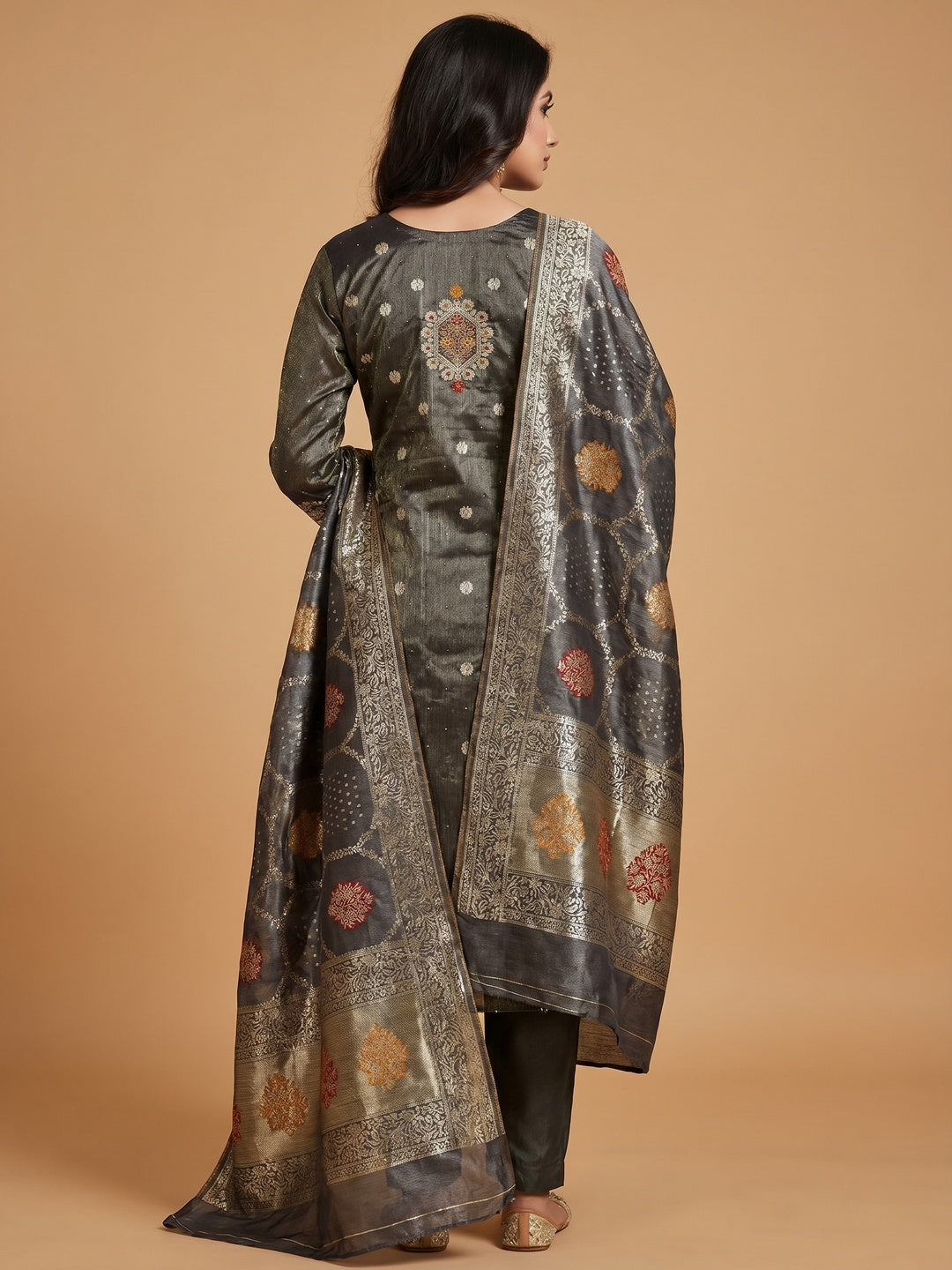 Dark Grey Woven With Stonework Shimmer Jacquard Dress Material - Image 3