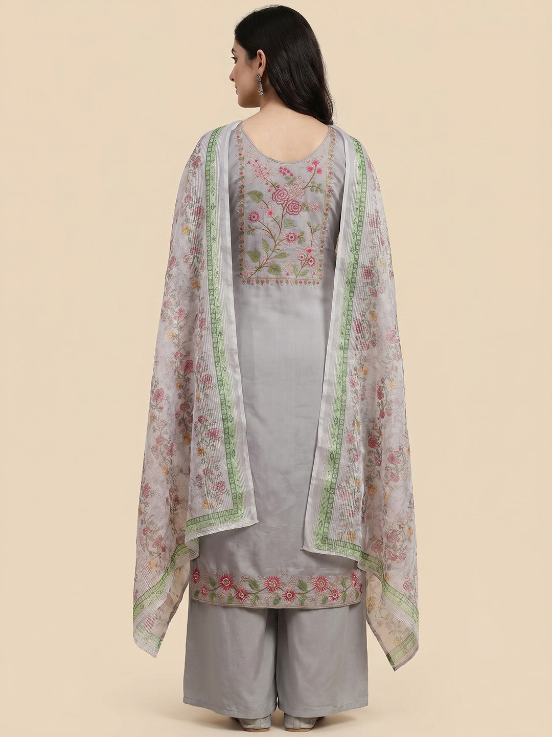 Grey Floral Sequins Embroidered Roman Cotton Silk Dress Material - Image 3