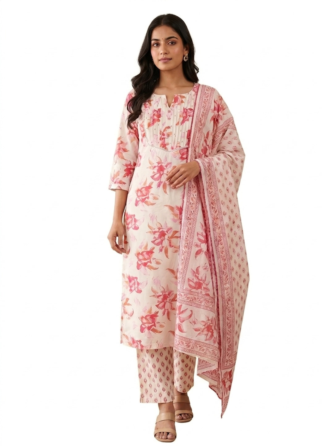 Cream Pure Cotton Floral Printed Salwar Suit Set - Image 2