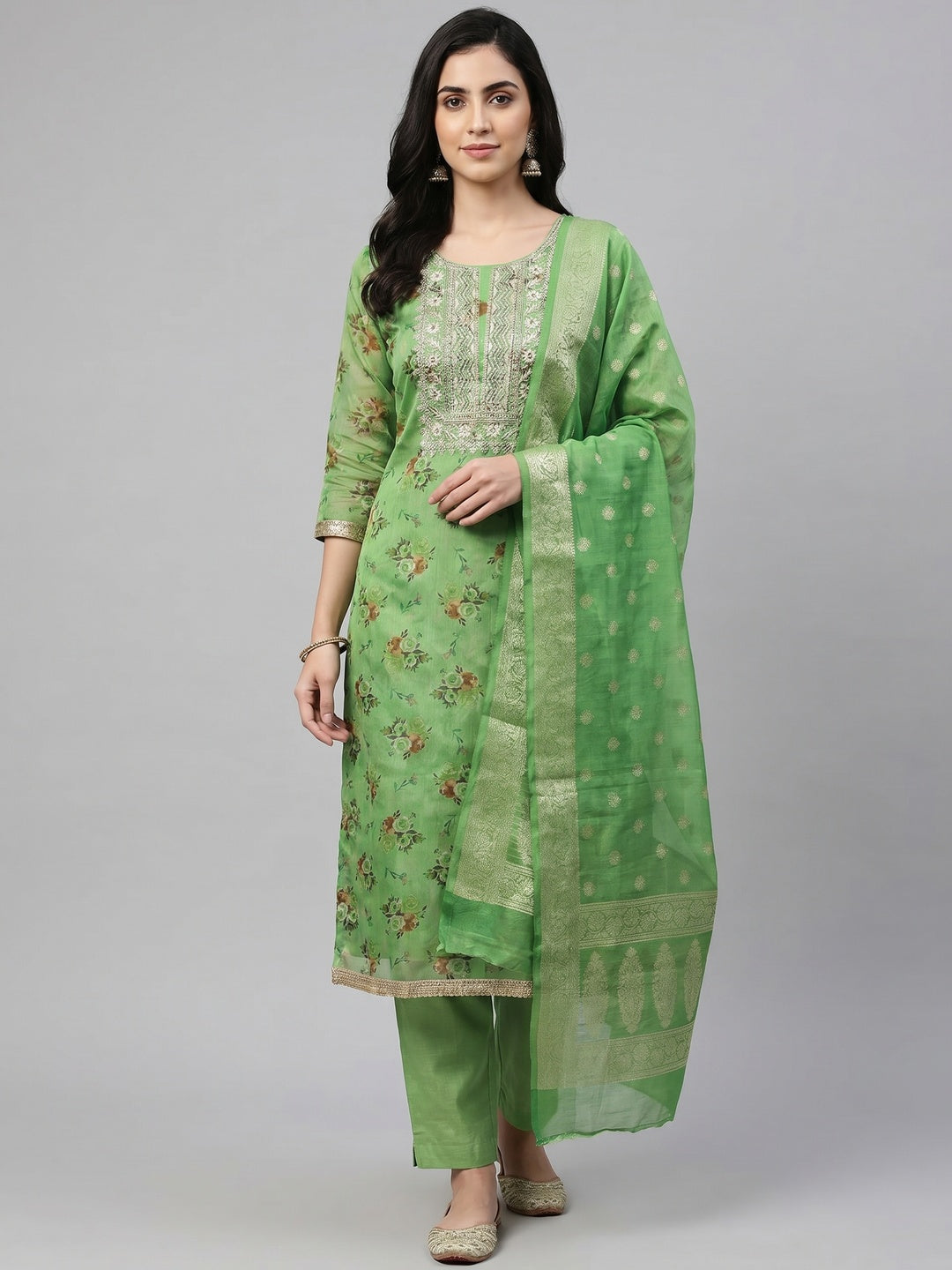 Green Floral Print With Zari Woven Cotton Silk Dress Material - Image 1