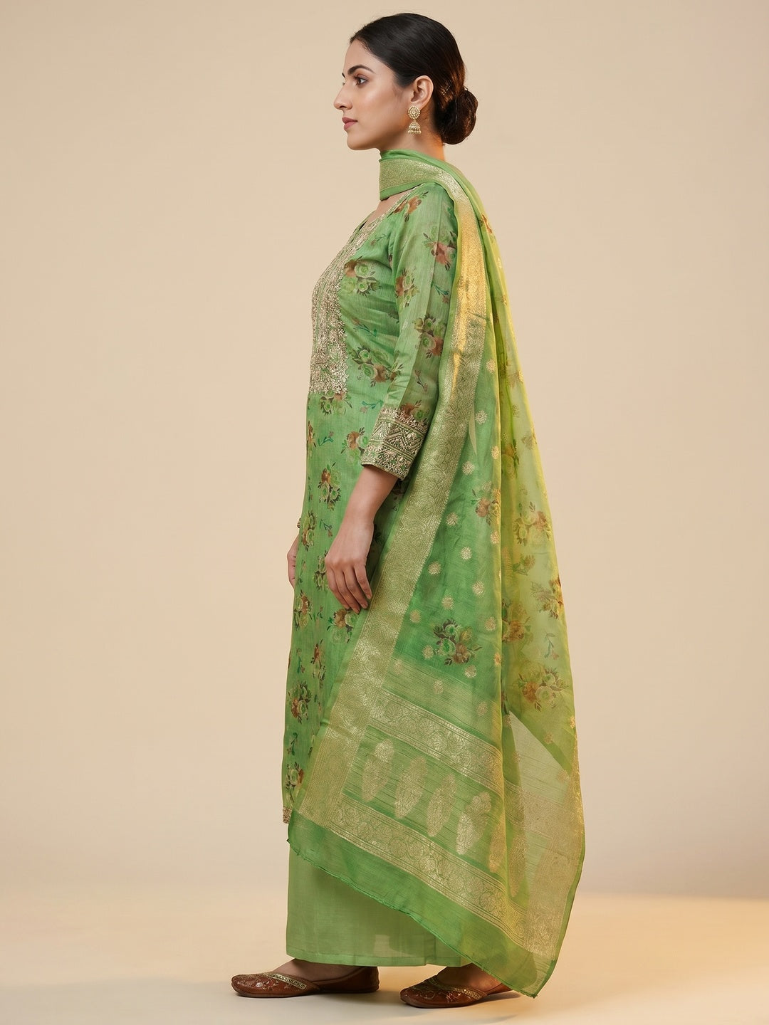 Green Floral Print With Zari Woven Cotton Silk Dress Material - Image 2