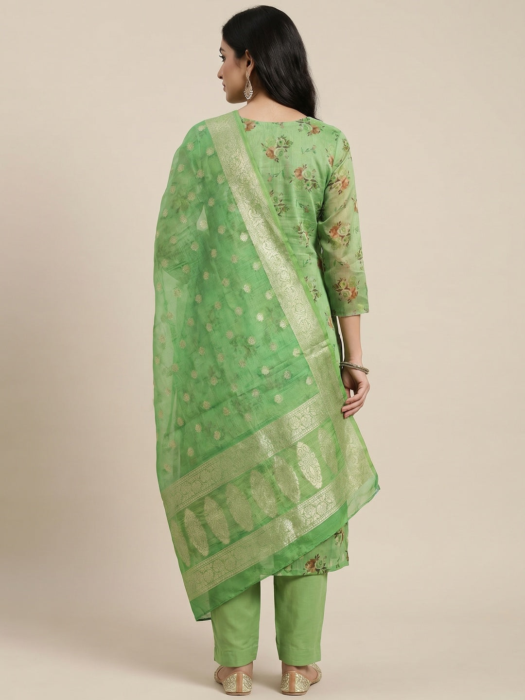 Green Floral Print With Zari Woven Cotton Silk Dress Material - Image 3