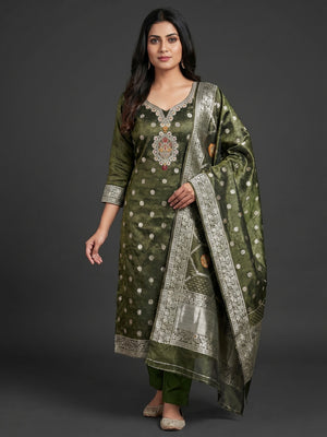 Green Woven With Stonework Shimmer Jacquard Dress Material - Image 1