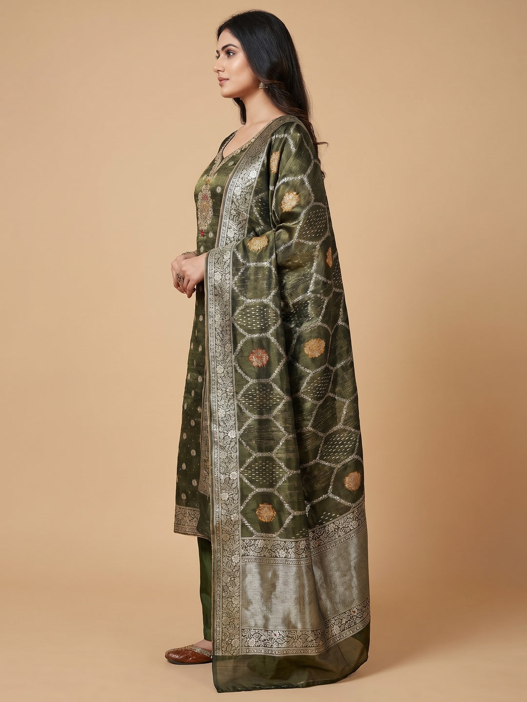 Green Woven With Stonework Shimmer Jacquard Dress Material - Image 2