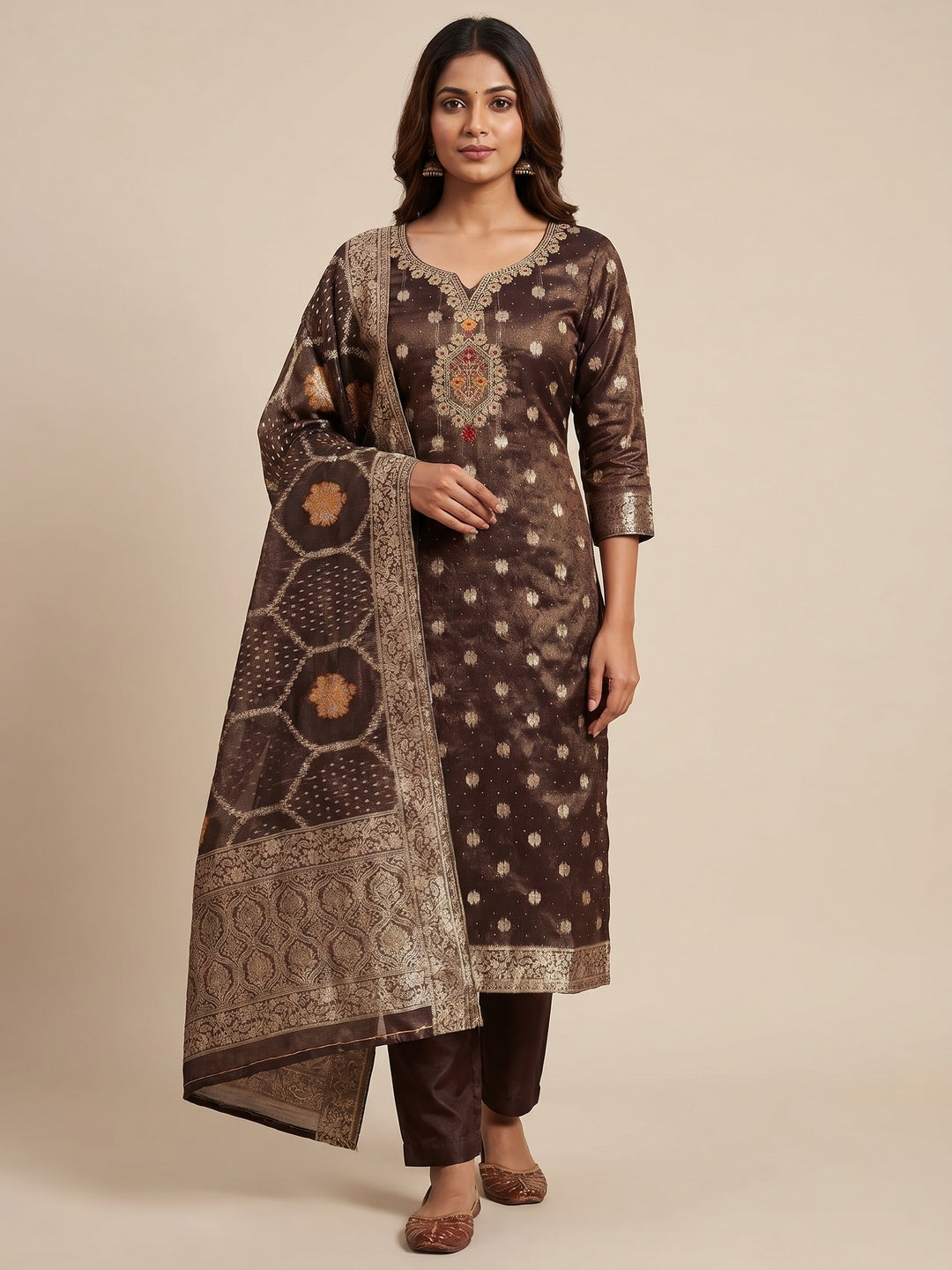 Dark Brown Woven With Stonework Shimmer Jacquard Dress Material - Image 1