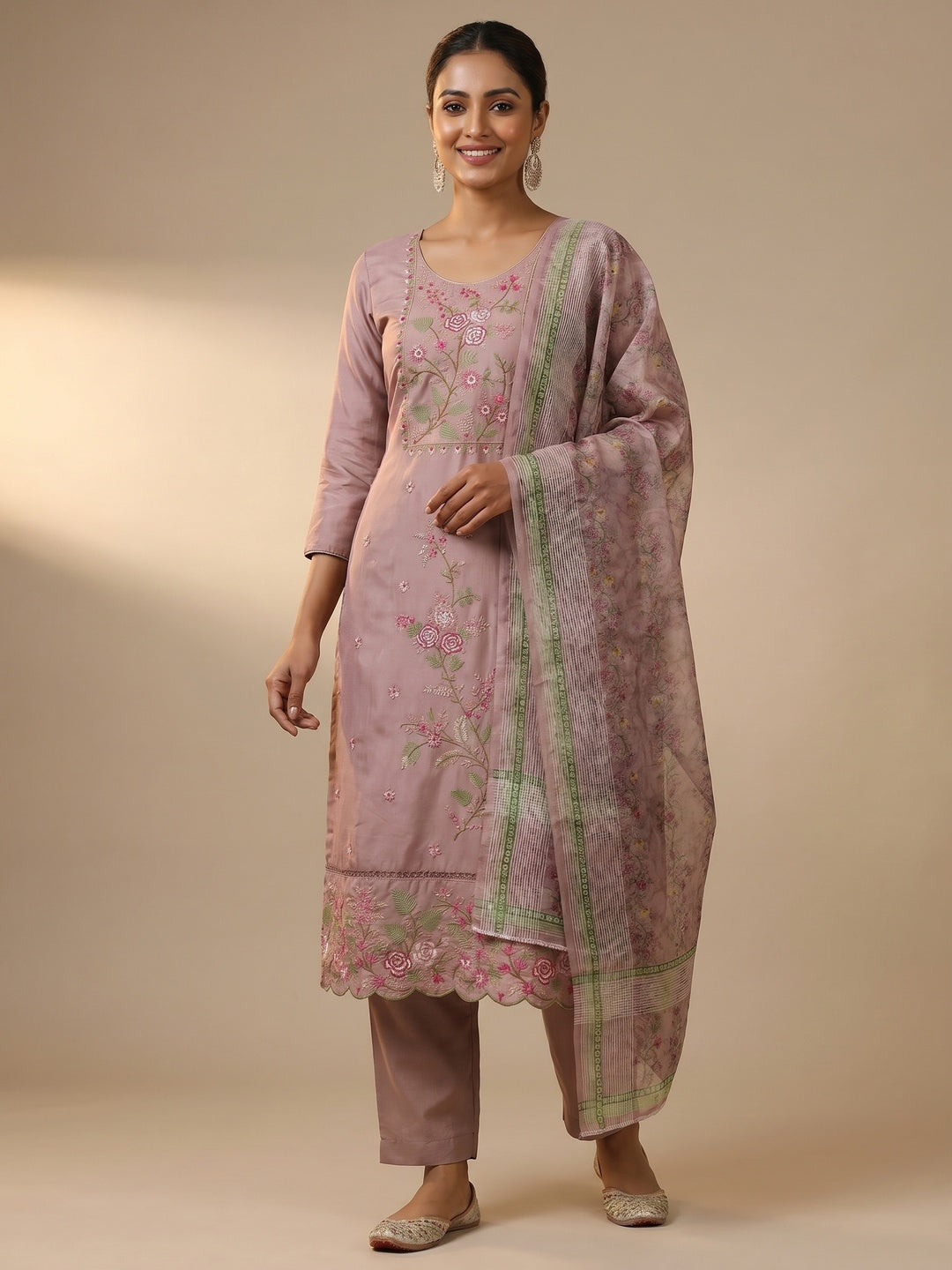 Mauve Floral Sequins Embroidered Roman Cotton Silk Dress Material - Image 1