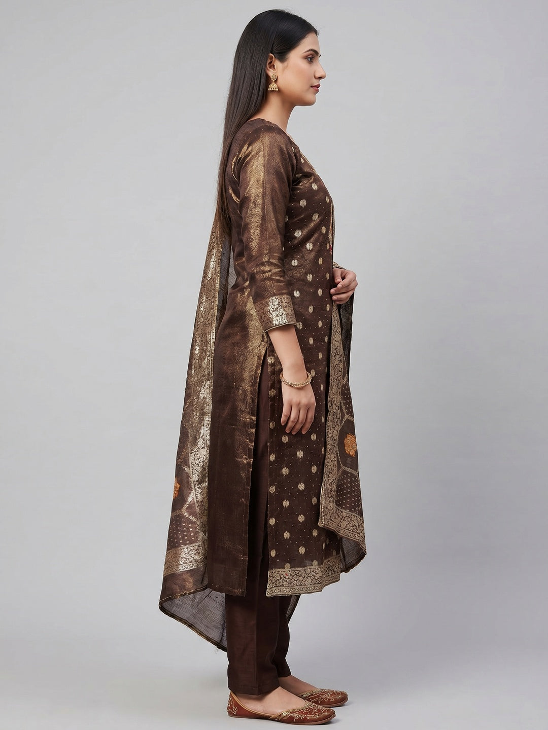 Dark Brown Woven With Stonework Shimmer Jacquard Dress Material - Image 3