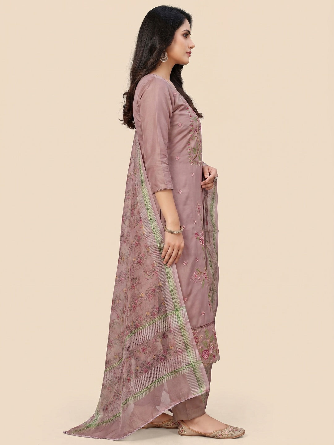 Mauve Floral Sequins Embroidered Roman Cotton Silk Dress Material - Image 3