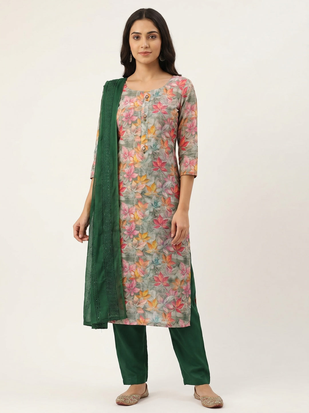 Green Floral Printed Linen Dress Material - Image 1