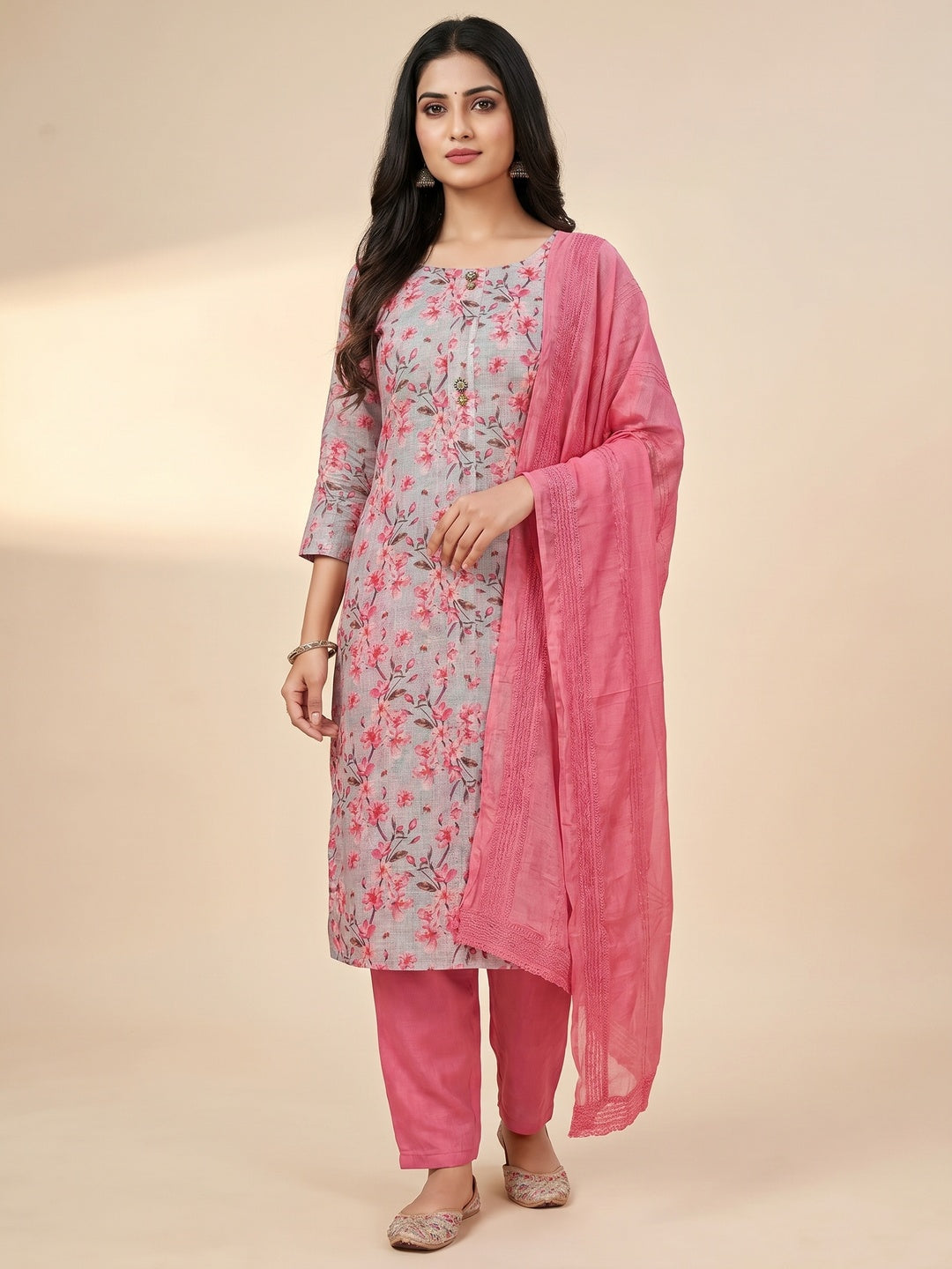 Grey Floral Printed Linen Dress Material - Image 1