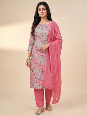 Grey Floral Printed Linen Dress Material - Image 1