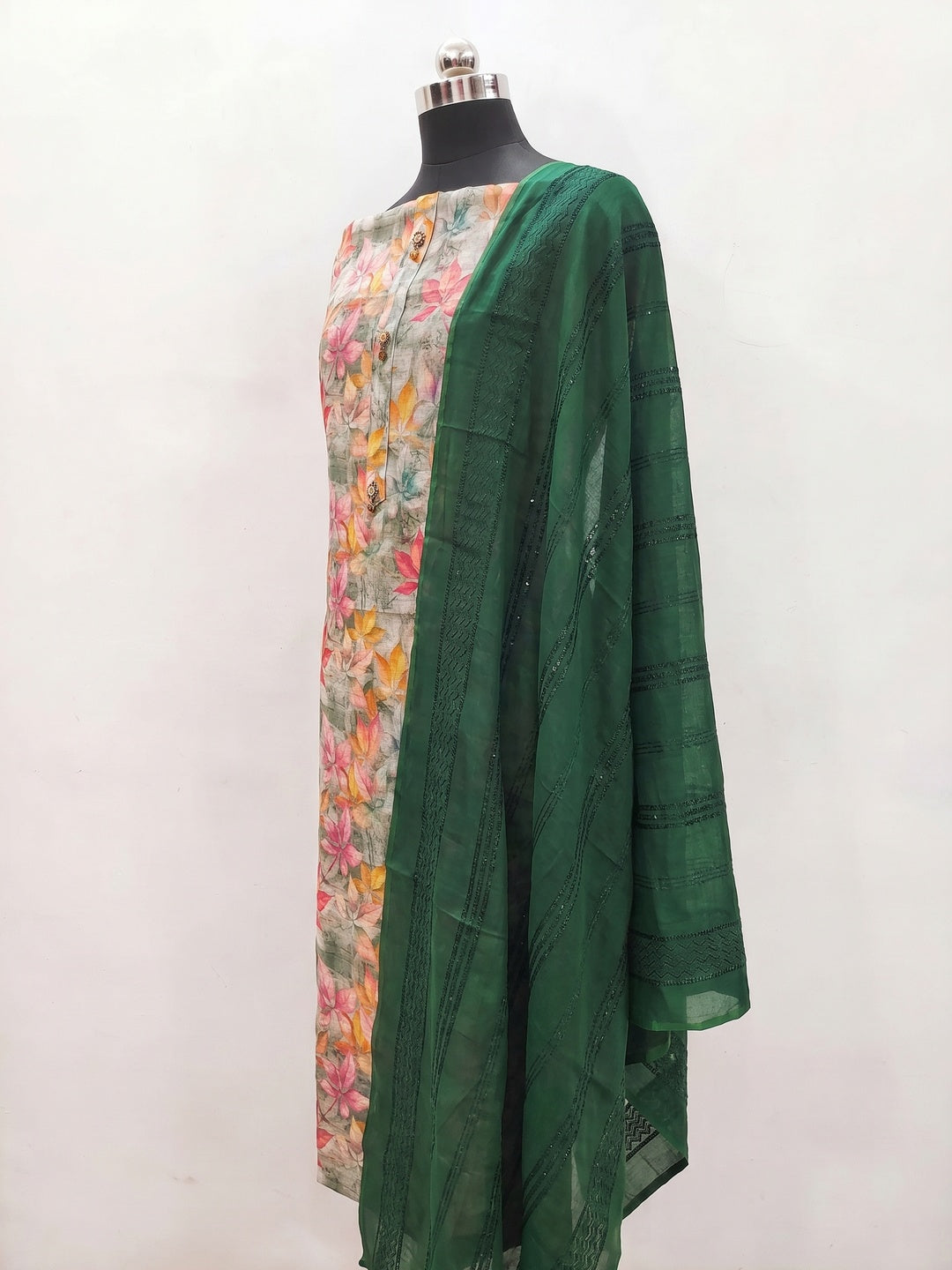 Green Floral Printed Linen Dress Material - Image 3