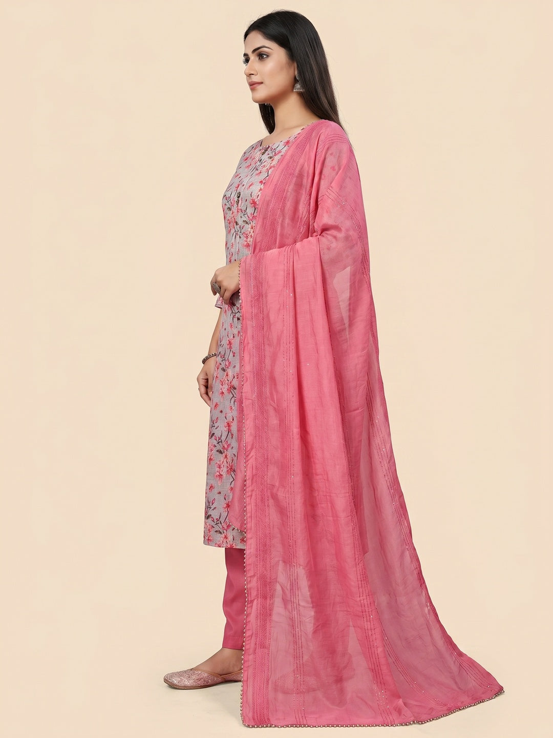 Grey Floral Printed Linen Dress Material - Image 2