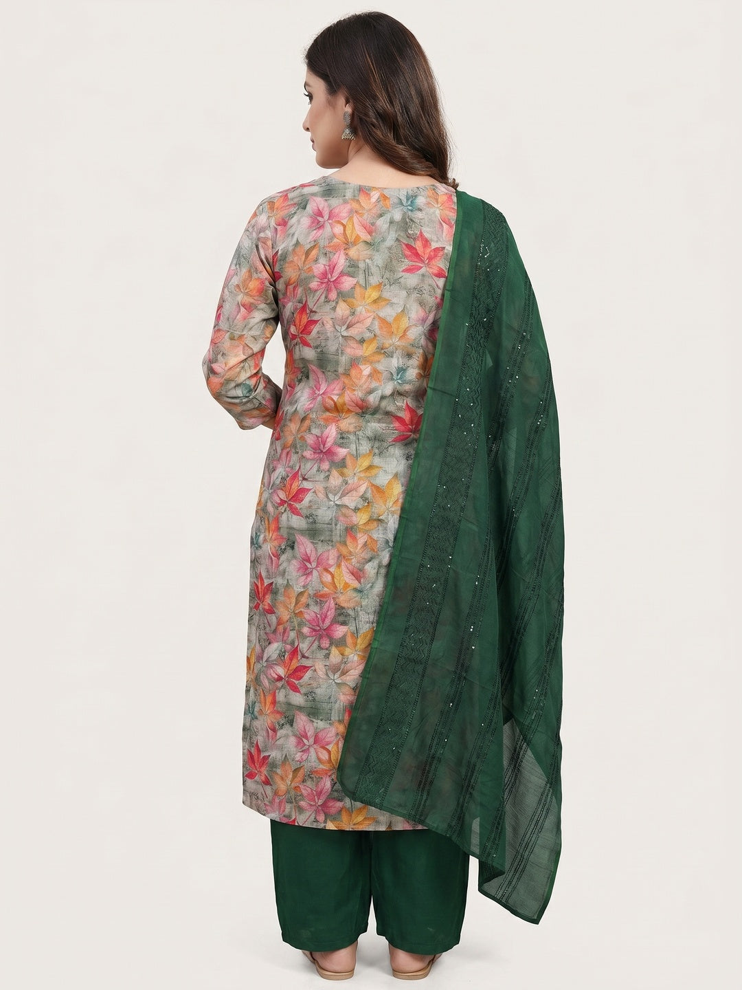 Green Floral Printed Linen Dress Material - Image 2