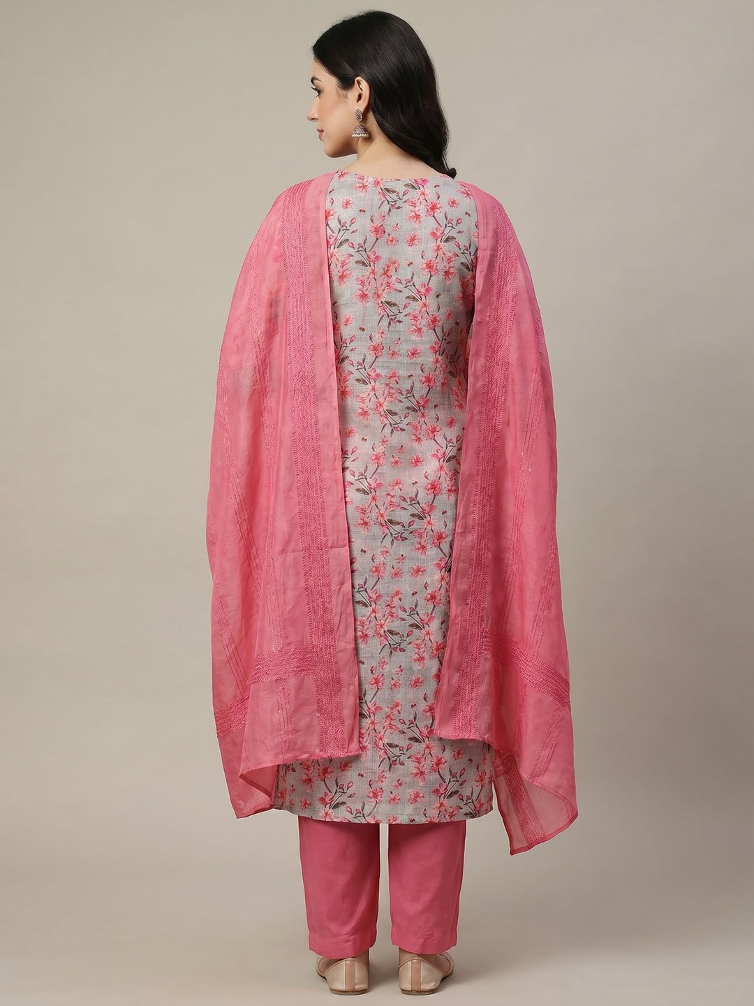 Grey Floral Printed Linen Dress Material - Image 3