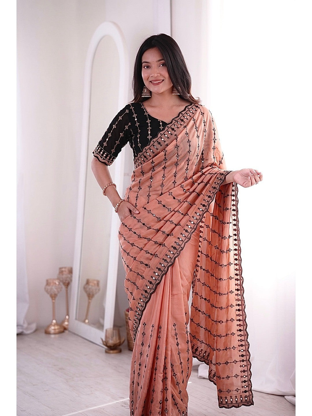 Peachmode Peach Viscose Saree with Floral Embroidery and Mirror Work - Image 3