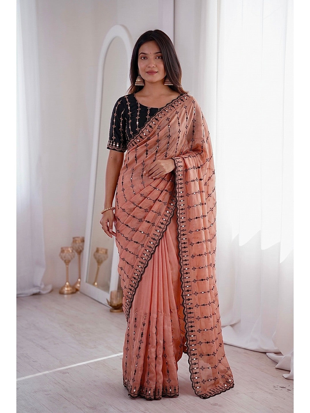 Peachmode Peach Viscose Saree with Floral Embroidery and Mirror Work - Image 5